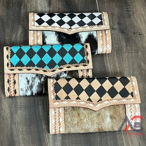 Femmes occidentales mode luxe Durable longue haute capacité usiné à la main portefeuilles en cuir à carreaux pochette de téléphone portable en peau de vache personnalisée - Product Image 1