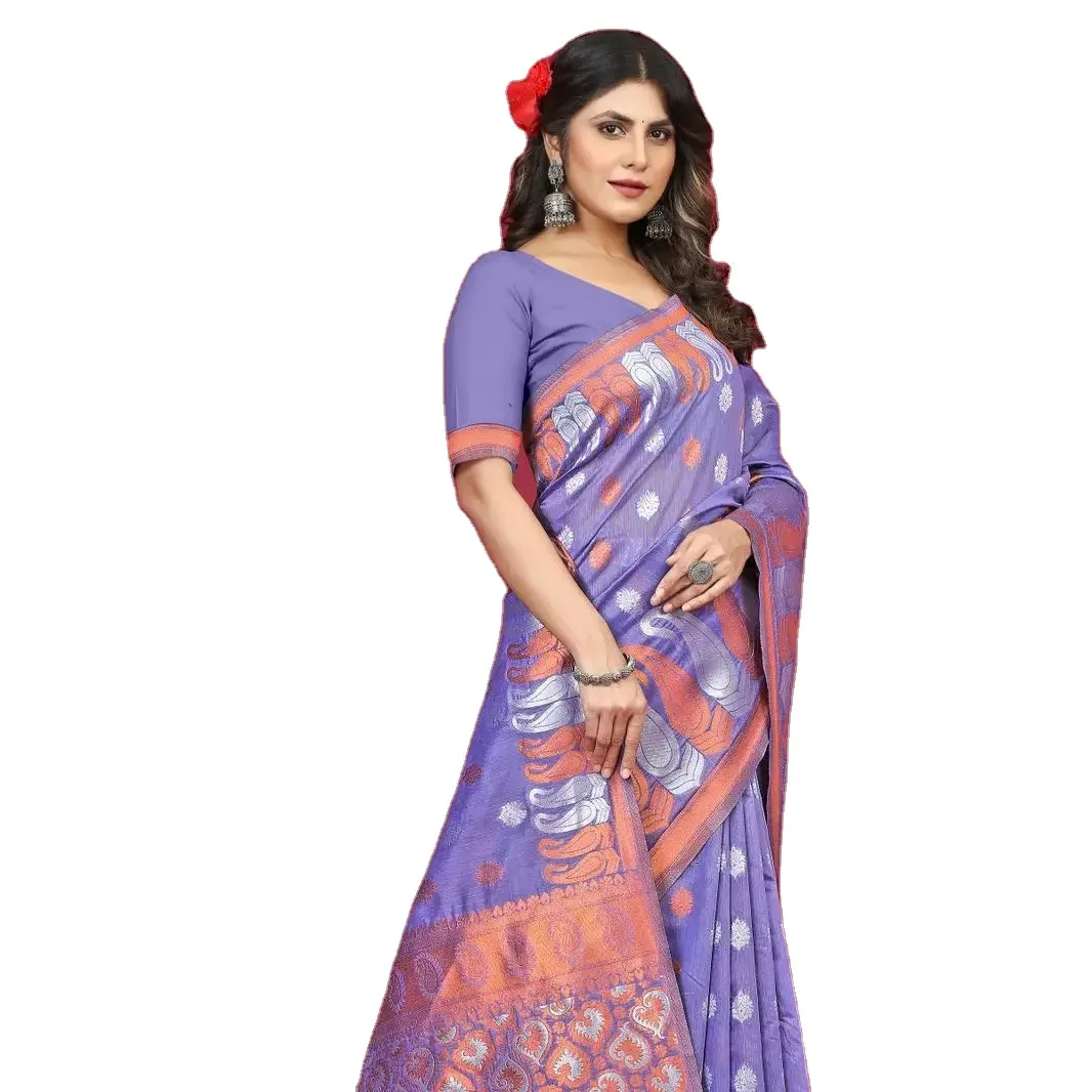 Königlicher und reicher Varanasi Seiden-Sari mit Reiner Leinenseide mit schönen digitaldruck-Saris