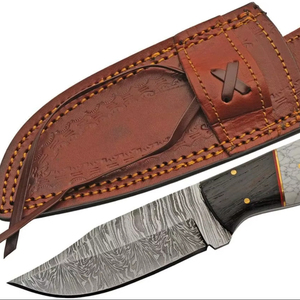 Manche en marbre blanc Couteau de chasse pleine soie Acier Damas Lanière en bois Trou Couteau à lame fixe Gaine en cuir Support OEM - Product Image 1