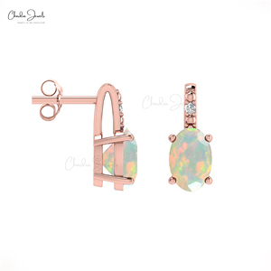 Expédition rapide Boucles d'oreilles en or rose massif 14 carats Authentiques Opale éthiopienne de coupe ovale 6x4 mm et boucles d'oreilles serties de diamants prêtes à être expédiées - Product Image 1