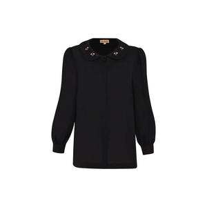Blusa de Seda Bordada con Cuello Peter Pan Negro Vintage para Mujer - Product Image 1