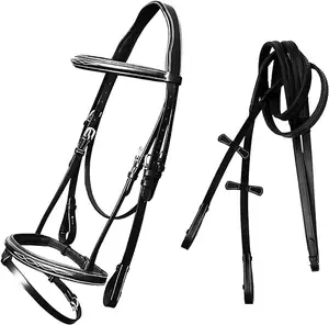 Twin Designer Fancy Stitched Snaffle Jumping Noseband & Brow band with Mono Crownpiece Leather Bridle with Rubber Reins