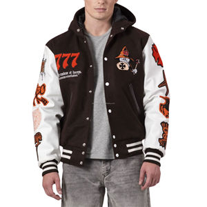 Veste universitaire unisexe en laine avec manches en cuir, fermeture éclair sur le devant, patchwork, style bomber de baseball, doublure matelassée, pour équipe - Product Image 1