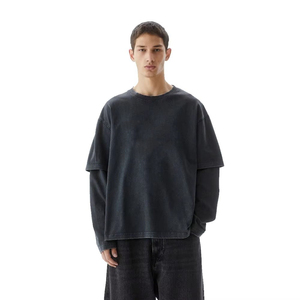 เสื้อยืดผ้าฝ้าย2ชั้นสำหรับผู้ชายทรงโอเวอร์ไซส์สไตล์วินเทจผ้าดิบแขนยาวปล่อยไหล่ - Product Image 5