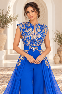 Mishkat Couture Royal Blue Plum Velvet Embroidered <b>Gold</b> Beadwork Long Sleeves Cape Overlay <b>Belt</b> Elegant Wedding Evening Party - Product Image 4