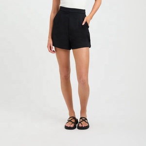 Women Mid Waist Organic Cotton Shorts Pockets Solid Black Casual Style Regular Fit <b>Elastic</b> Waist Woven Fabric Eco-Friendly - Product Image 1
