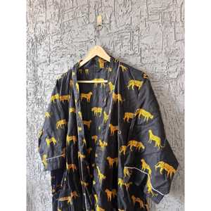 Robe Kimono Bohème en Coton Faite Main à Imprimé Bloc, Peignoir Doux Tissé avec Taille Élastique, Taille XS Familiale pour Vêtements d'Intérieur Printaniers ODM - Product Image 3