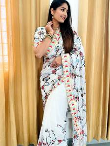 Colección de Saree de Ropa Étnica de diseñador indio con trabajo de secuencia de hilo de bordado múltiple en tela pesada de imitación Georgette - Product Image 4