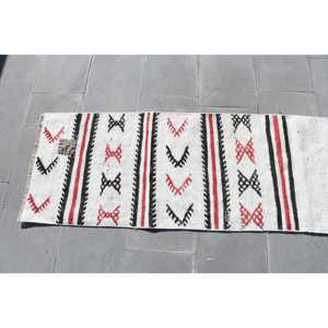 Vintage 1.9x8.5 ft <b>Rug</b>, <b>Runner</b> Turkish <b>Rug</b>, White Abstract Wool <b>Rug</b> - Product Image 5