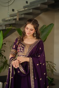 Purple Color Beautiful Designer Women Gown with Heavy Dupatta Long Indian Function Pakistani Silk Kurti for Adults - Product Image 2
