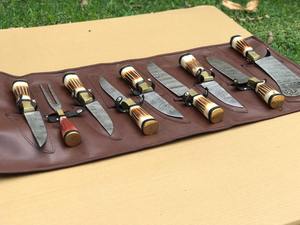 Ensemble de couteaux de cuisine pour usage professionnel - Lame affûtée - Ensemble de 9 pièces - Fait à la main - Sac en cuir - Acier Damas - Product Image 2