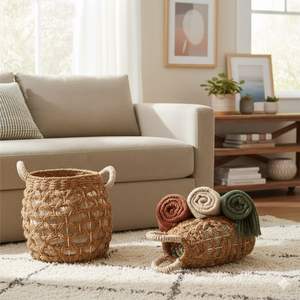 Juego de 2 Cestas Ovaladas Redondas de Fibra de Corteza de Árbol de Plátano, Artesanía - Product Image 5