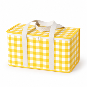 Bolsa de picnic aislada de tela a cuadros amarilla y blanca, bolsa térmica de gran capacidad para acampar en la playa - Product Image 1