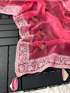 Pure & Soft <b>Organza</b> <b>Silk</b> Sarees with Multi Embroidery Work Butta with Panel Nd Fancy Lave Border Nd Latkan.. - Product Image 5