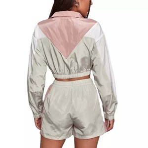 Venta al por mayor de nailon Sweatsuit Short Set Custom Womens Color Block Windbreaker Chándales Conjuntos - Product Image 2