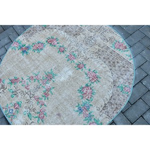 Turkish Rectangle Rug 4.3x4.4 ft Vintage <b>Brown</b> <b>Wool</b> Eco Friendly Rug with Patchwork Pattern and Latex Backing - Product Image 5