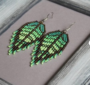 Leaf <b>Green</b> Long <b>Earrings</b> Summer Chandelier Beaded <b>Earrings</b> Leaves <b>Earrings</b> Beaded Tassel <b>Earrings</b> - Product Image 1