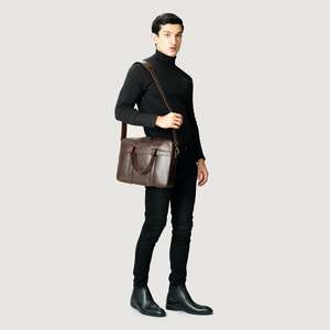 Porte-documents vintage en cuir véritable marron grande taille, sac souple The Captain avec fermeture éclair, étanche, style messager pour le bureau et le travail - Product Image 2