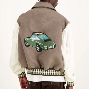 High Quality Men Brown <b>Wool</b> and <b>White</b> Leather Varsity Jacket with Patch Retro College Letterman Bomber Jacket and Checked Ribbed - Product Image 4