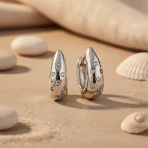 Pendientes de Aro de Plata 925 para Mujer, Forma de Gota de Agua, Cristal, Engaste de Bisel con Pedrería, Lujosos para Uso Diario - Product Image 2