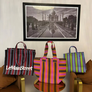 Sac à provisions en nylon réutilisable écologique grand RPET fermeture éclair rayé Handloom tissé sacs de plage en plastique recyclé fabriqué en Inde - Product Image 3