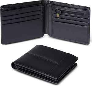 Cartera de Cuero Genuino para Hombre, Popular, con Protección RFID, Forro de Poliéster Impermeable, Cierre de Cremallera - Product Image 1