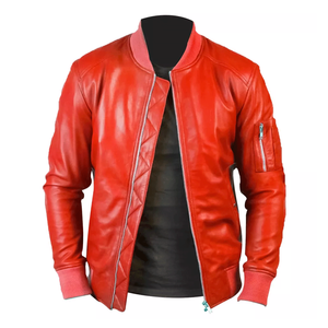 เสื้อแจ็คเก็ตนักขี่จักรยานสำหรับผู้ชายเสื้อโค้ทสไตล์ฤดูหนาวทำมือขนแกะสีแดงแท้ปกตั้งและเคลือบด้วยวัสดุพรีเมี่ยม - Product Image 2