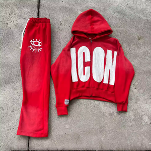 Sweat à capuche évasé vintage pour hommes survêtement délavé à l'acide avec fermeture éclair brodé ensemble de jogging hiver polyester coton vêtements pour hommes - Product Image 1