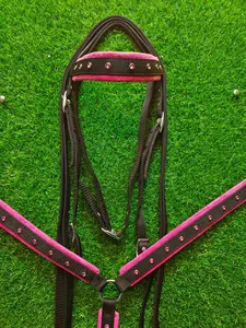 Ensemble de tête et de poitrail en synthétique et cuir rose et noir avec rênes et sangles de avecer, léger, durable, design très vendu - Product Image 2