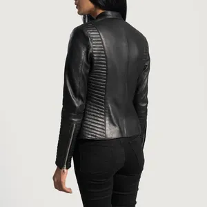 Chaqueta de motorista negra Haley Ray con cremallera de piel de oveja auténtica OEM para mujer con forro de viscosa acolchado y bolsillos interiores y exteriores ODM - Product Image 5
