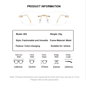 Gafas fotocromáticas unisex sin montura con forma cuadrada para negocios, lentes de resina con bloqueo de luz azul, protección ocular de alta definición - Product Image 3