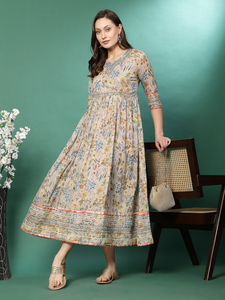 Vêtements ethniques traditionnels pour femmes, kurtis Anarkali en coton pur brodé, col en V, manches trois-quarts, longueur genoux, imprimé - Product Image 2