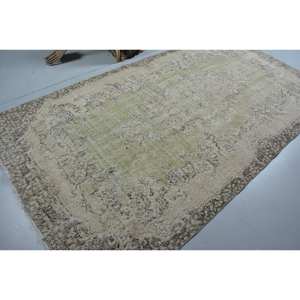 Vintage <b>Turkish</b> <b>Rug</b> 5.5 X 10.2ft Green Beige Wool Patchwork Design Latex Backing for Home Living Room Style Tabriz for Teens - Product Image 2