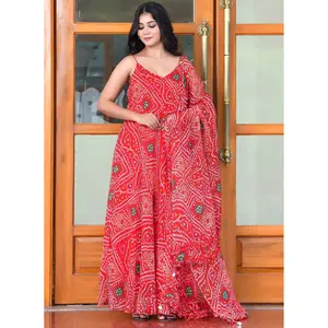 Ensemble de costume en mousseline de soie pure Bandhani rouge pour femmes Disha - Product Image 5