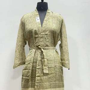 Indian Handmade Silk Women's Boho Chic Summer Front Logo <b>Long</b> <b>Sleeve</b> <b>Kimono</b> Dressing Gown Lounge Wear Wedding Robe - Product Image 1