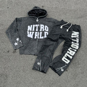 Custom Mens <b>Rhinestone</b> Embroidery & Applique Tracksuit Distressed Patch Zip-Up Hoodie & Sweatpants Acid Wash Sun-Fade - Product Image 1