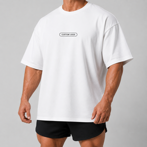 <b>White</b> Oversized Men's Woven Antibacterial Cotton T-Shirt Custom Logo Short Sleeve Crew Neck Streetwear Casual Top - Product Image 1