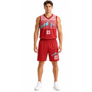 Ensemble de maillot de basket-ball personnalisé sublimé, rouge, col en V, sans manches, respirant, en mesh, avec le numéro 23 et un motif montagne - Product Image 4