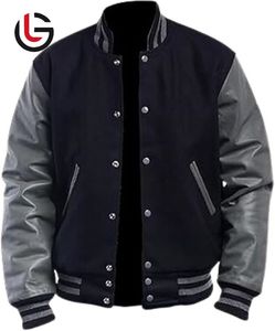 Cuerpo de lana negra para hombre, Mangas de cuero gris, chaqueta universitaria bordada para estudiantes universitarios para hombre, Letterman Stand Black Patchwork - Product Image 1
