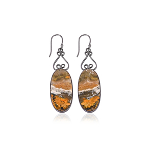 Boucle d'oreille pendante en jaspe abeille, rhodié noir, faite à la main, cabochon poli, pour femme, pour usage quotidien - Product Image 1