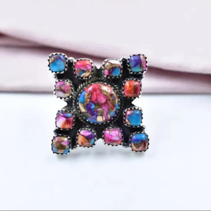 Beautiful Boho Style Cluster <b>Ring</b> Handmade Pink Dahlia Turquoise Sterling Silver for Women for Wedding or Gift - Product Image 2