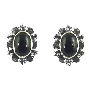 Vintage Women's Trendy Stud <b>Earrings</b> with Black <b>Onyx</b> Bezel Setting Geometric Shape Silver Tone Jewelry Gift - Product Image 3