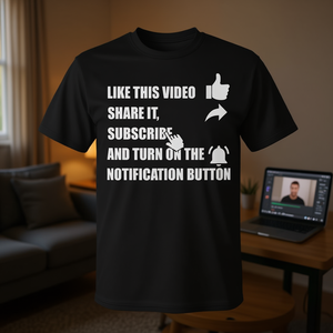 Camiseta de Vlogger con Botón de Notificación de Suscripción y Compartir, Unisex para Adultos, Manga Corta, Cuello Redondo, Impresión Digital, Promocional - Product Image 3