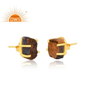 Venta caliente de plata esterlina 18K chapado en oro áspero amarillo Ojo de Tigre piedra preciosa Stud pendiente Demi joyería fina fabricante - Product Image 2