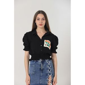 Camisa de Lino con Bordado Negro TOPSHOW para Mujer, Blusa Casual de Manga Larga con Detalle de Bolsillo, Venta al Por Mayor Disponible - Product Image 1