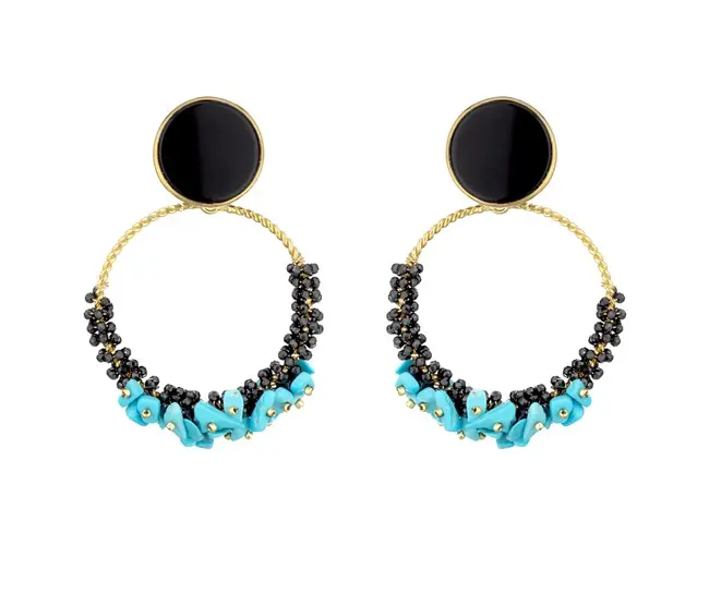 Classic Handcrafted Pendant Earrings With Onyx And Turquoise 925 Silver Gold Plated