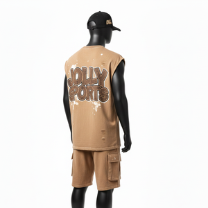 <b>Men</b> Sleeveless T Shirt And <b>Short</b> Set Heavy Cotton Jersey 180 GSM Durable Washed <b>Brown</b> Streetwear Screen Print Logo - Product Image 5