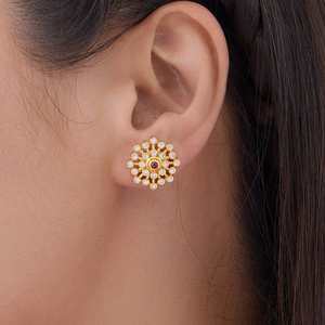 <b>Silver</b> Temple Yellow Gold Bezel Setting Diamond <b>Stud</b> and Hoop Earrings 165767 Trendy Flower Shape for Engagement - Product Image 2