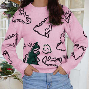<b>Men's</b> Dinosaur Graphic <b>Pullover</b> Sweater Oversized Knit 100% Cotton Winter Casual Long Sleeve Front Logo - Product Image 2