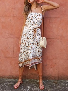 Red Boho Floral Chiffon Midi Dress <b>Spaghetti</b> <b>Strap</b> High Slit Asymmetrical Hem Loose Fit Summer Casual Women's Rajasthan - Product Image 6